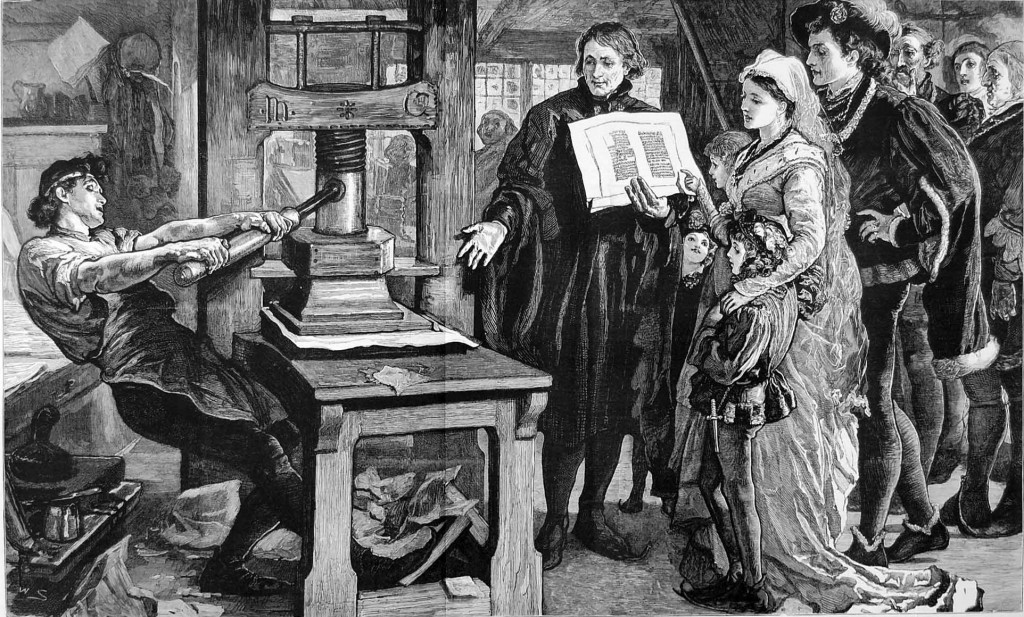 Victorian engraving of Printer working an early Gutenberg letter press from the 15th century.
