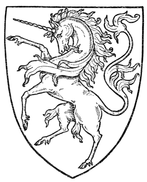 A fierce unicorn rears inside a shield.